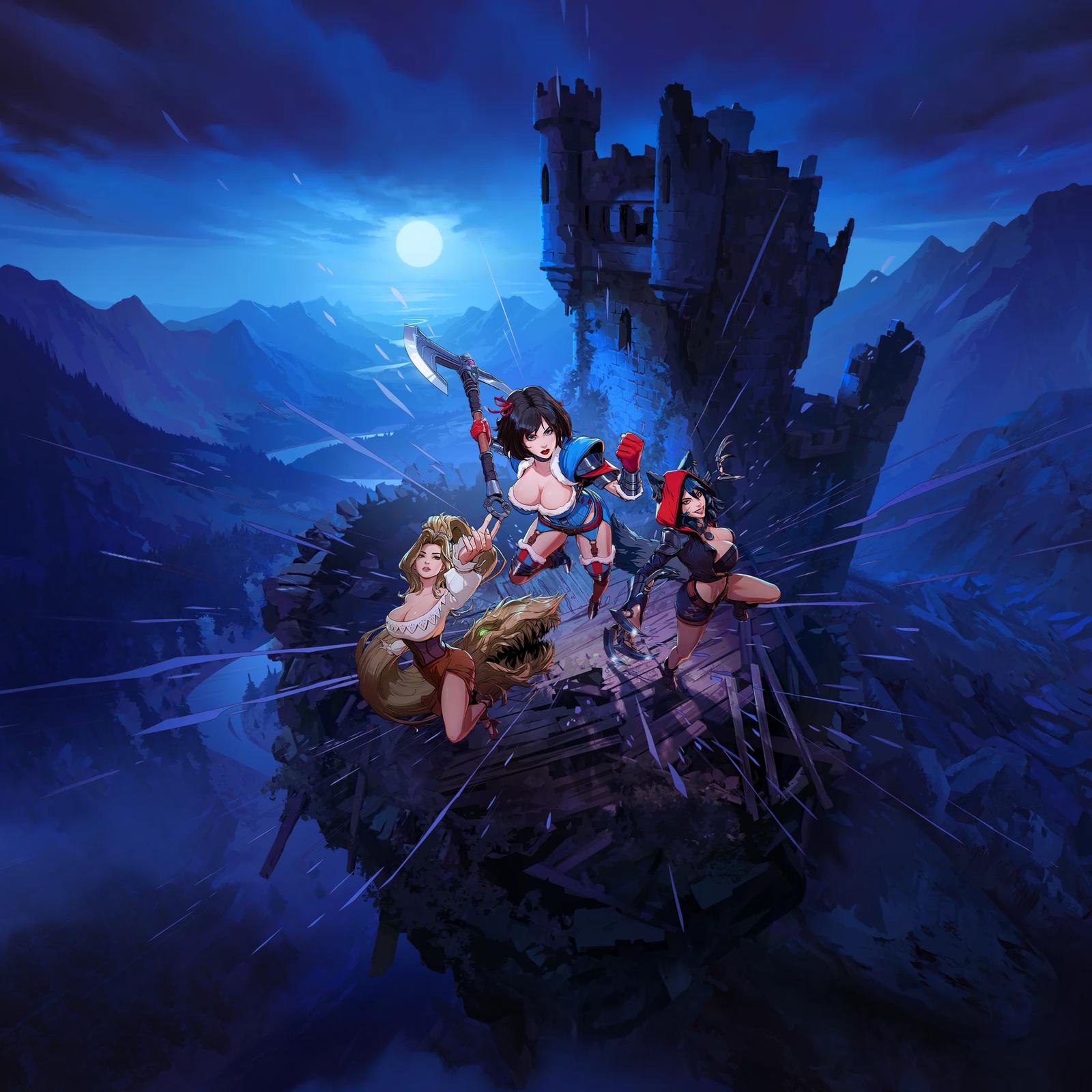 Swords & Slippers key art: Snow White with a dwarven pickaxe, Red Hood and Rapunzel ready for battle on a collapsing bridge below a ruined tower.